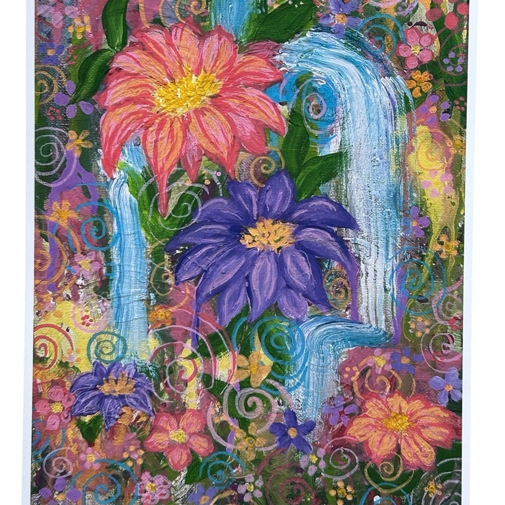 Vibrant Floral Waterfall Art Print Hand Painted Shabby Chic 11"x8.5" Cottagecore